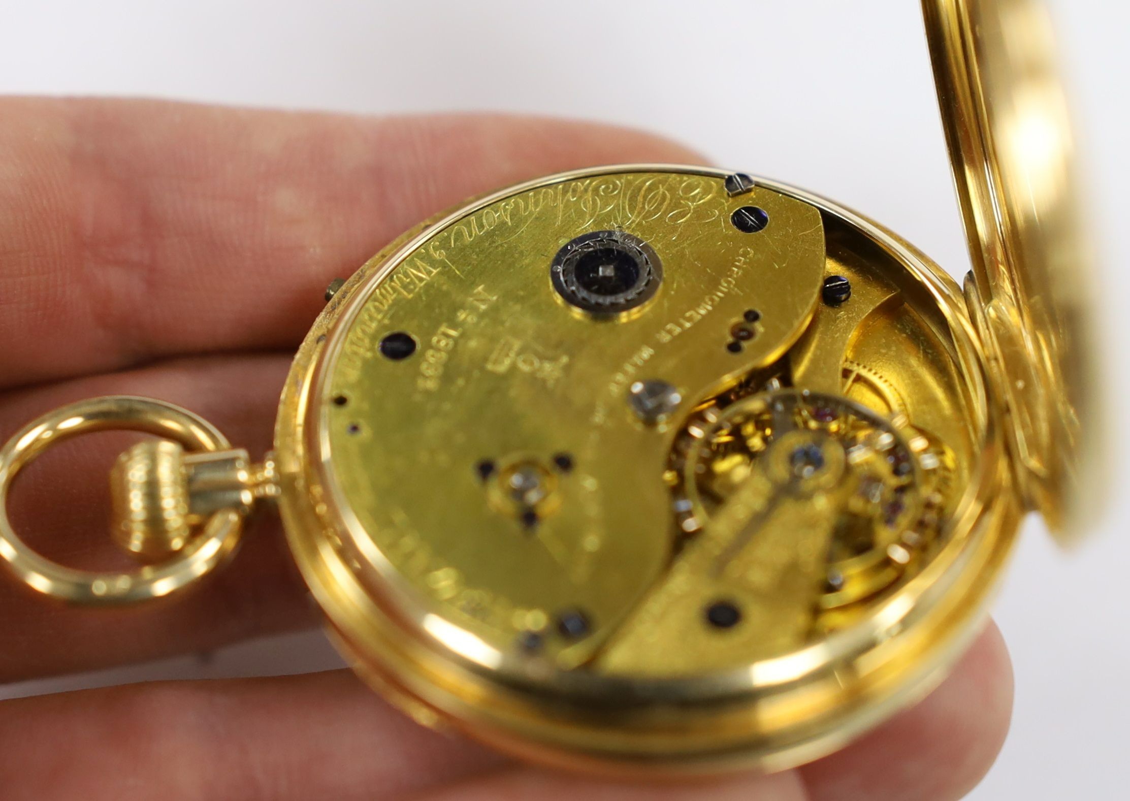 A late Victorian 18ct gold open face pocket watch, by E.G. Johnson, London, with Roman dial and subsidiary second, case diameter 49mm, gross weight 95.7 grams
